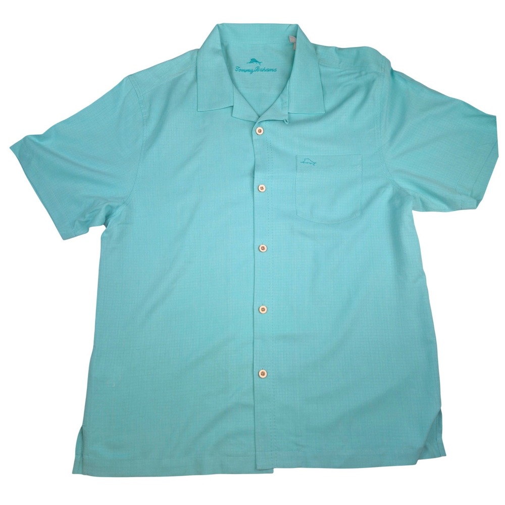 Tommy Bahama Mens Aqua Blue Silk Blend Textured Short Sleeve Camp Shirt Large